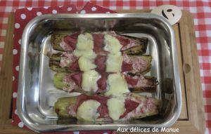 Recette Gratin de poireaux farcis à la crème au bresaola et morbier