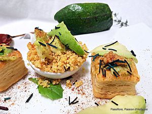 Recette Mini carrés feuilletés garnis de semoule avocat spiruline