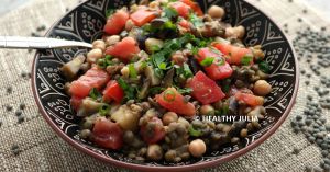 Recette Salade de lentilles aux aubergines, tomates et pois chiches