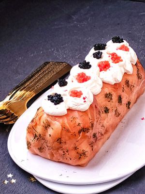 Recette Bûche aux deux saumons et aux crevettes