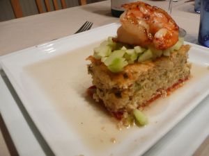 Recette Galette de quinoa, agar de tomates, tartare de concombre, grosse crevette, jus de bulots : orange, sans voile