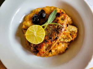 Recette Pavés d'aubergines sur purée de haricots blancs