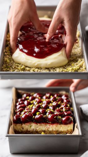 Recette Indulge in Decadent Cherry Pistachio Cheesecake Bars Today
