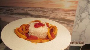 Recette Anneaux calamars ou margate tomatés au riz basmati, et anniv sur le Port
