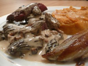 Recette Steak de bison aux morilles, petits chicons (endives) et purée de patates douces au brie de Melun : essai libre de liberté