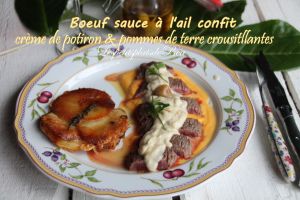 Recette Boeuf sauce à l'ail confit, crème de potiron et pommes de terre croustillantes