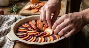 Recette Gratin irrésistible : pommes de terre, patates douces et betteraves s’accordent pour fondre en bouche