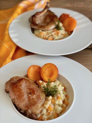 Recette Côtes de porc ibérique rôties et son risotto à l’abricot et au thym
