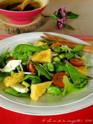 Recette Salade de fèves, pousses d’épinards et polenta épicée grillée