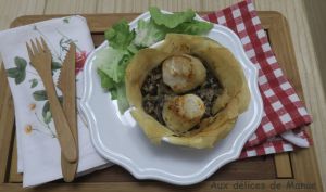 Recette Tartelette filo aux noix de Saint-Jacques sur champignons àla crème au parmesan, à l'Air Fryer ou au four