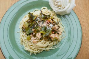 Recette Spaghetti au saumon et aux oignons nouveaux