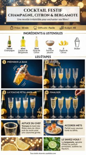 Recette Cocktail festif au champagne, citron et bergamote : recette délicieuse