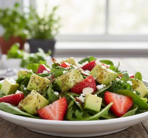 Recette Salade d’avocats et fraises à la vinaigrette au miel et au pavot