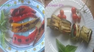 Recette Deux antipasti : roulés de courgettes grillées au fromage frais et poivrons cornus grillés à l'huile d'olive