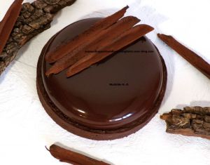 Recette Tarte Infiniment Chocolat Noir d'après Pierre Hermé : pâte sucrée au cacao, praliné croustillant au grué de cacao, ganache au chocolat noir, biscuit cuillère au cacao imbibé d'un sirop au chocolat noir, mousse au chocolat noir, glaçage miroir au 