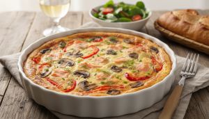 Recette Clafoutis aérien au saumon, rehaussé de poivrons croquants et champignons savoureux