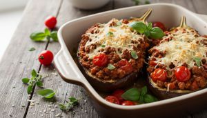 Recette Délicieuses aubergines farcies à la bolognaise allégée : recette gourmande et saine