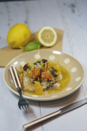 Recette Dos de cabillaud sauce vierge d’agrumes aux olives de Kalamata