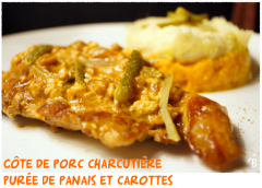 Recette Côtes de porc charcutière aux deux purées, carottes et panais