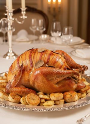 Recette Dinde farcie au foie gras, viande, truffes, garnie de céleri fondant et marrons de Lyon