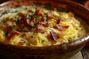 Recette Réconfortant à souhait, le plat de courge spaghetti à la crème et aux lardons