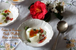 Recette Crème de pecorino, oeuf mollet, fèves et jambon serrano