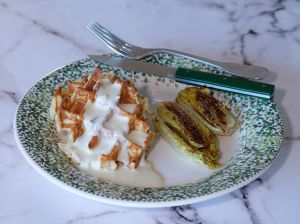 Recette Gaufres au parmesan, lait de gorgonzola et sucrines grillées