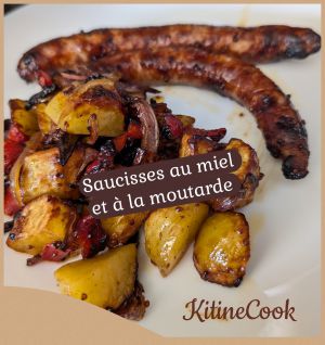 Recette Saucisses au miel et a la moutarde, pommes de terre, poivrons et oignons (airfryer)