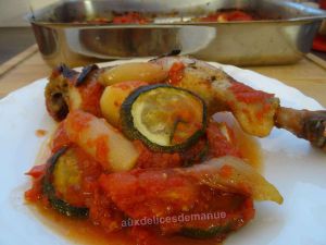 Recette Cuisses poulet et légumes en sauce au four