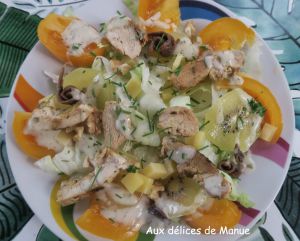 Recette Salade au poulet, kiwi, tomates cerises, anchois et comté