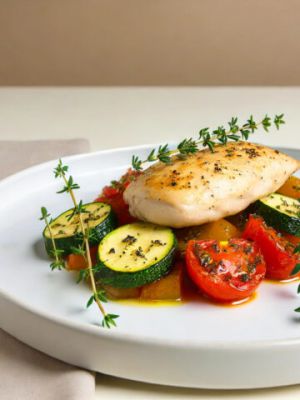 Recette Blanc de poulet aux courgettes, tomates rôties et thym