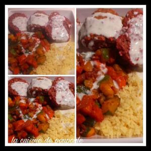 Recette Bol Marocain (couscous, légumes, boulettes de betterave, condimen,t aux fruits secs et sauce à la menthe) Vegan