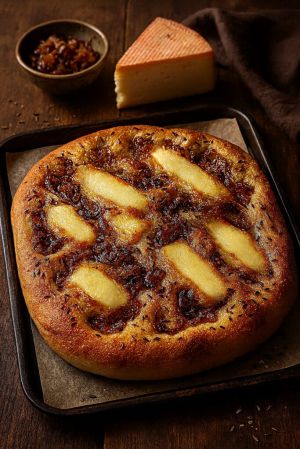 Recette Focaccia alsacienne aux oignons confits et au munster : recette de pain maison facile et gourmande
