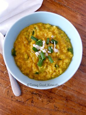 Recette Dhal de lentilles corail aux oignons nouveaux et noix de coco #vegan