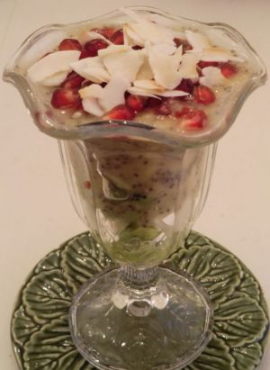 Recette Porridge aux graines de chia, banane, kiwi, pomme, grenade, cranberries et pétales de coco