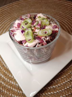 Recette Salade de choux rouge, champignons bruns, lardons de bacon, vinaigrette passion