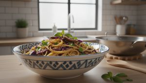 Recette Délicieuse poêlée de pâtes aux légumes frais : chou et champignons pour une recette saine et rapide