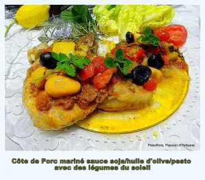 Recette Côte de porc mariné à la sauce teriyaki + pesto rosso / huile d'olive avec des légumes du soleil