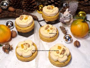 Recette Tartelettes Dulcey, Orange, Noix et Noisette d'après Yann Brys : pâte sablée noix et noisettes, crème de noix et noisettes aux épices à pain d'épices parsemée de noix concassées, confit d'orange au poivre de Timut, ganache montée Dulcey