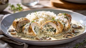 Recette Filets de poulet farcis aux champignons, épinards et sauce crémeuse
