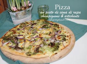 Recette Pizza au pesto de cima di rapa, champignons et artichauts