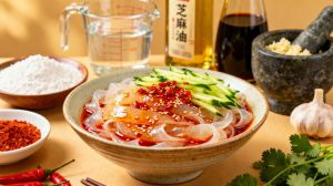 Recette Liang Pi : recette de Nouilles de Riz à la Sauce Sésame Épicée