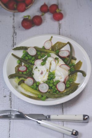 Recette Légumes verts en salade burratinas et pesto de petits pois
