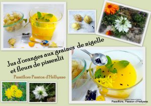 Recette Bienfait des graines de nigelle dans un jus d'agrumes avec des fleurs de pissenlits