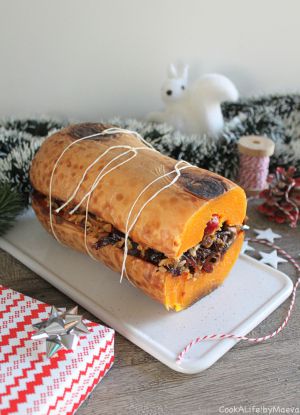 Recette { En attendant Noël } Rôti de butternut farci au riz, tofu fumé, légumes de saison et chutney d'oignon rouges (vegan)