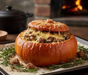 Recette Potimarron farci au four : farce aux champignons et lardons