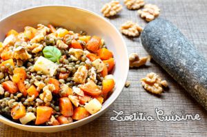 Recette Salade de lentilles tiède aux légumes rôtis et noix {Végane et sans gluten}