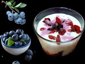 Recette Verrine fromage, crème de datte,  baies de goji et cranberries + poudre de myrtilles