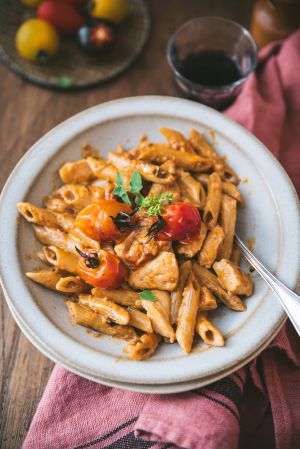 Recette Pâtes au poulet sauce crémeuse chorizo et tomate