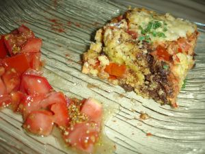 Recette Polenta moelleuse, tomates au chevre et hache de boeuf a la tapenade